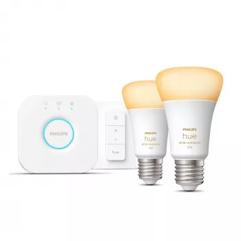 Philips Hue White Ambience Starter Kit: 2 E27 išmaniosios lemputės (1100) + pritemdymo jungiklis