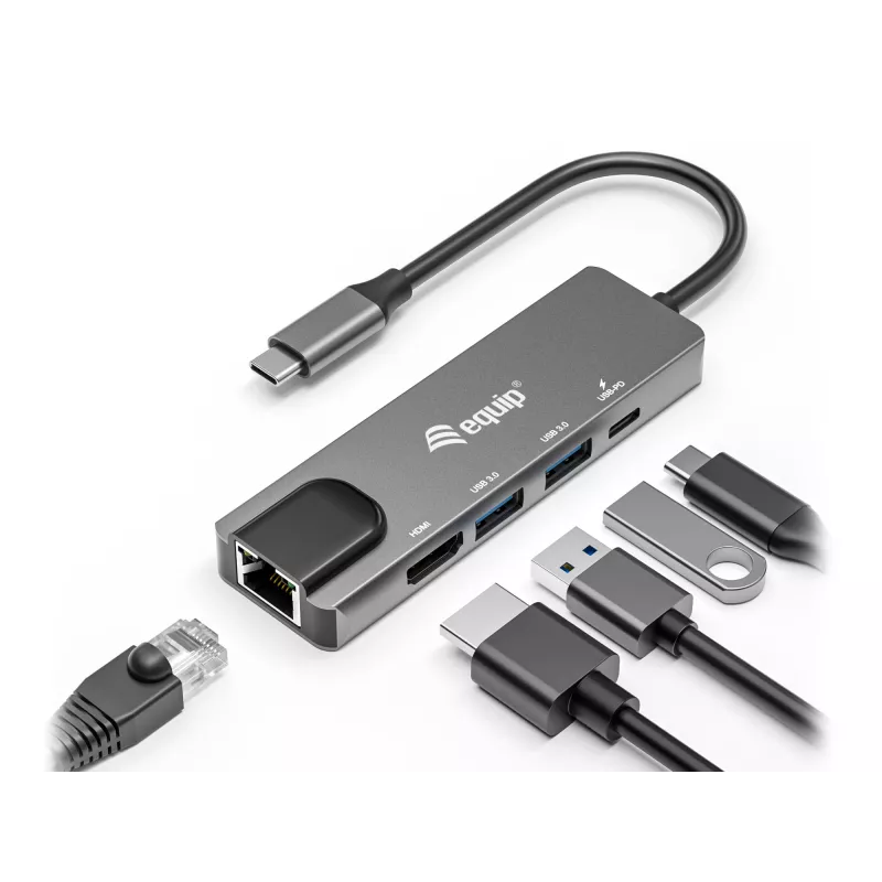 Equip USB-C 5-in-1 daugiafunkcis adapteris, HDMI, Gigabit LAN, USB 3.2 Gen1, 100W USB PD