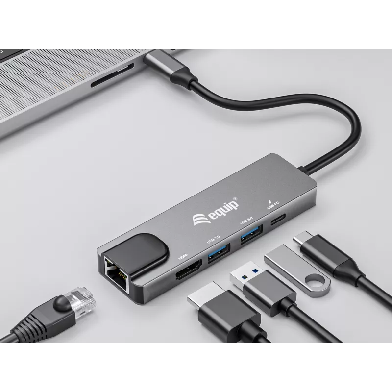 Equip USB-C 5-in-1 daugiafunkcis adapteris, HDMI, Gigabit LAN, USB 3.2 Gen1, 100W USB PD