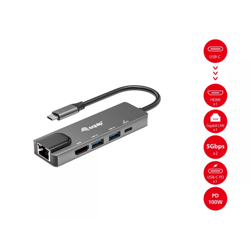 Equip USB-C 5-in-1 daugiafunkcis adapteris, HDMI, Gigabit LAN, USB 3.2 Gen1, 100W USB PD