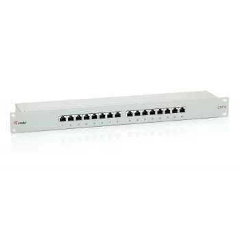 Equip 16 prievadų Cat.6 ekranuotas pataisos skydelis, šviesiai pilkas, RJ-45, auksinis, Cat6, montavimas stove, 1U, pilkas