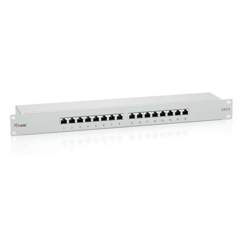 Equip 16 prievadų Cat.6 ekranuotas pataisos skydelis, šviesiai pilkas, RJ-45, auksinis, Cat6, montavimas stove, 1U, pilkas