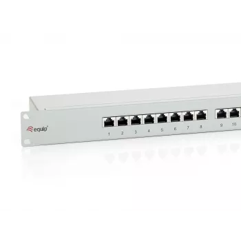 Equip 16 prievadų Cat.6 ekranuotas pataisos skydelis, šviesiai pilkas, RJ-45, auksinis, Cat6, montavimas stove, 1U, pilkas