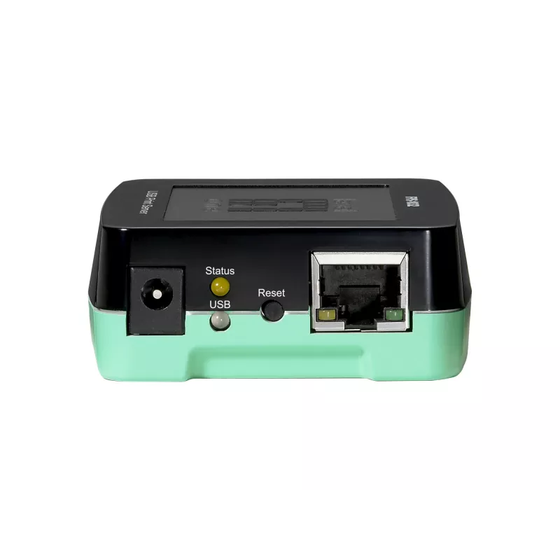 LevelOne USB spausdinimo serveris, juoda, žalia, aktyvumas, ryšys, maitinimas, būsena, Taivanas, Ethernet LAN, IEEE 802.3, IEEE 802.3u, 10,100 Mbit/s