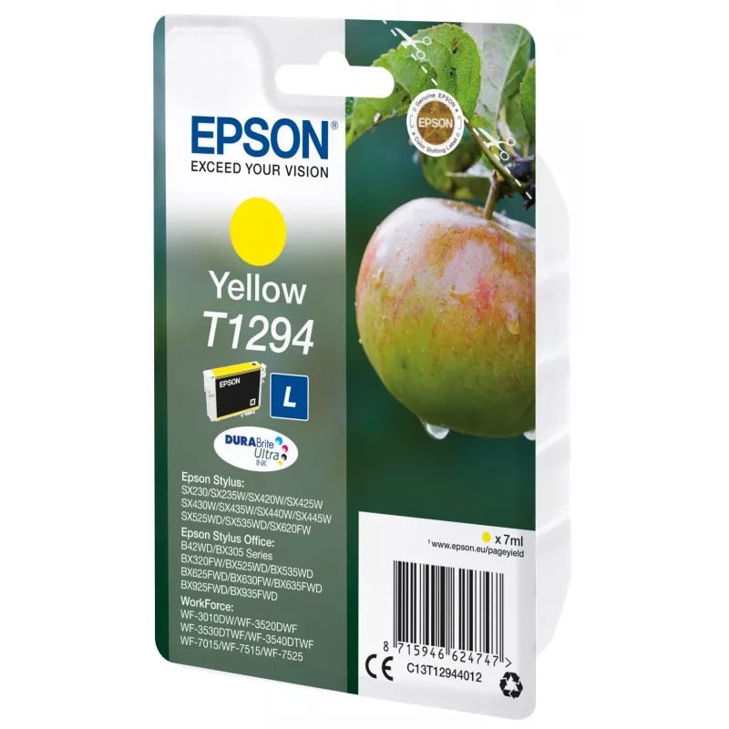 Epson Apple vienos pakuotės geltonas T1294 DURABrite Ultra rašalas, Geltonas, Pigmentinis rašalas, 7 ml, 1 vnt., 616 puslapių