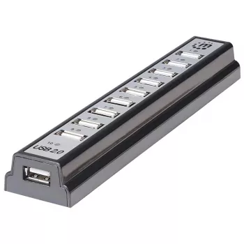 Manhattan USB-A 10 prievadų stalinis šakotuvas, 10x USB-A prievadai, 480 Mbps (USB 2.0), maitinamas per USB arba išorinį maitinimo šaltinį (nepridedamas) didesnei prijungtų įrenginių galiai