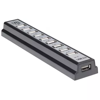 Manhattan USB-A 10 prievadų stalinis šakotuvas, 10x USB-A prievadai, 480 Mbps (USB 2.0), maitinamas per USB arba išorinį maitinimo šaltinį (nepridedamas) didesnei prijungtų įrenginių galiai