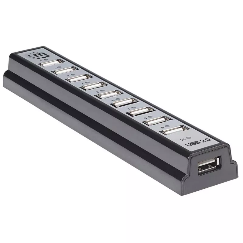 Manhattan USB-A 10 prievadų stalinis šakotuvas, 10x USB-A prievadai, 480 Mbps (USB 2.0), maitinamas per USB arba išorinį maitinimo šaltinį (nepridedamas) didesnei prijungtų įrenginių galiai