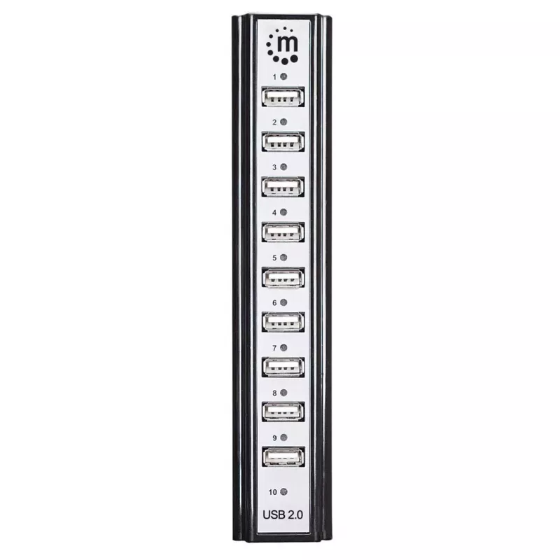 Manhattan USB-A 10 prievadų stalinis šakotuvas, 10x USB-A prievadai, 480 Mbps (USB 2.0), maitinamas per USB arba išorinį maitinimo šaltinį (nepridedamas) didesnei prijungtų įrenginių galiai