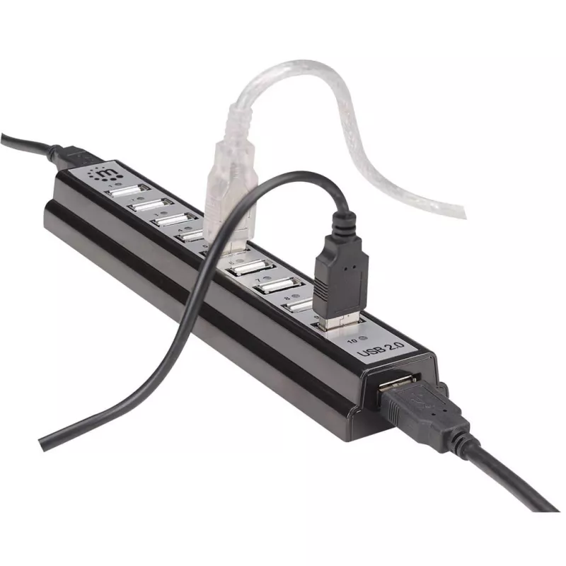 Manhattan USB-A 10 prievadų stalinis šakotuvas, 10x USB-A prievadai, 480 Mbps (USB 2.0), maitinamas per USB arba išorinį maitinimo šaltinį (nepridedamas) didesnei prijungtų įrenginių galiai
