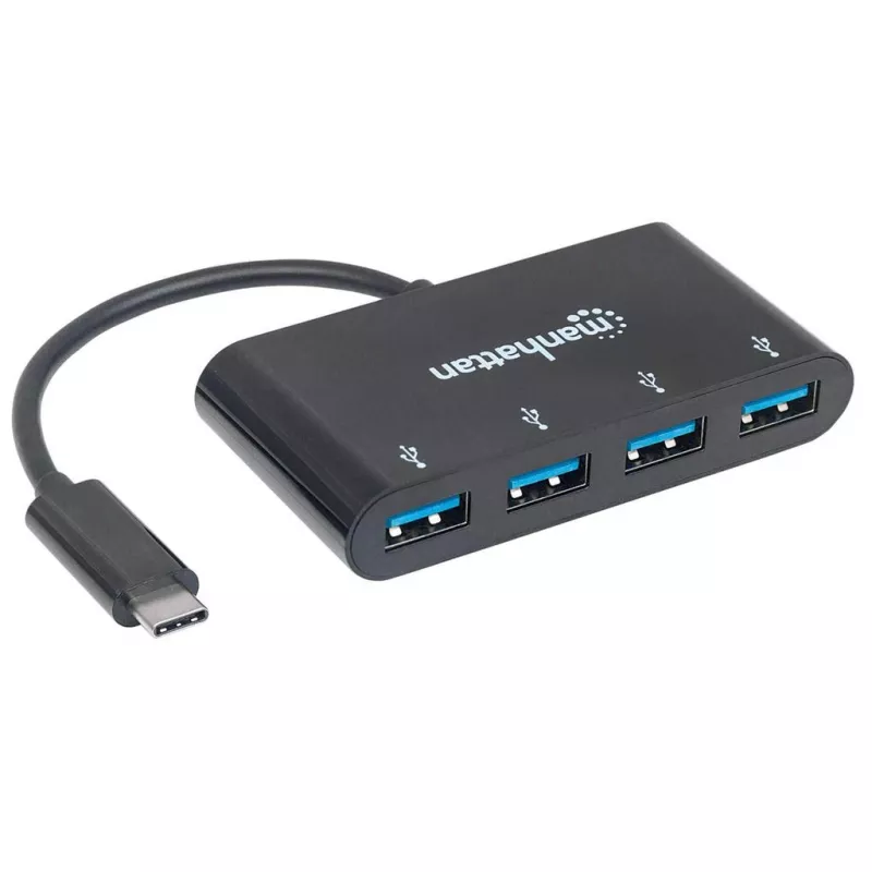 Manhattan USB-C dokas / šakotuvas, prievadai (x4): USB-A (x4), 5 Gbps (USB 3.2 Gen1, kitaip USB 3.0), maitinamas per USB (išorinis maitinimo šaltinis nereikalingas), kabelis 20 cm, atitinka HB30C4AB