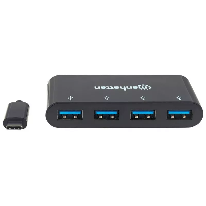 Manhattan USB-C dokas / šakotuvas, prievadai (x4): USB-A (x4), 5 Gbps (USB 3.2 Gen1, kitaip USB 3.0), maitinamas per USB (išorinis maitinimo šaltinis nereikalingas), kabelis 20 cm, atitinka HB30C4AB
