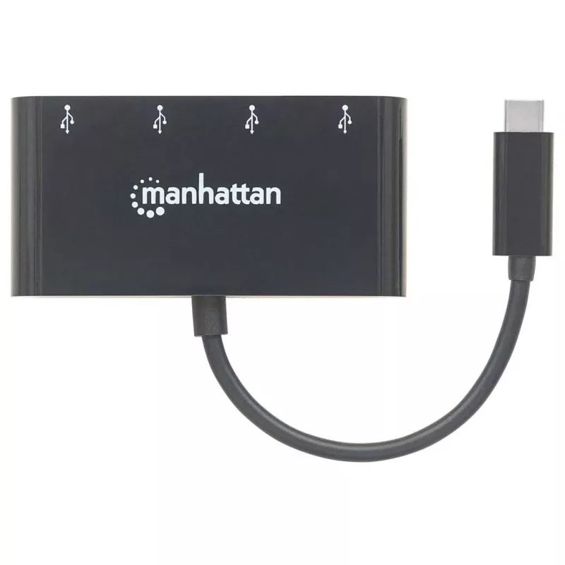 Manhattan USB-C dokas / šakotuvas, prievadai (x4): USB-A (x4), 5 Gbps (USB 3.2 Gen1, kitaip USB 3.0), maitinamas per USB (išorinis maitinimo šaltinis nereikalingas), kabelis 20 cm, atitinka HB30C4AB