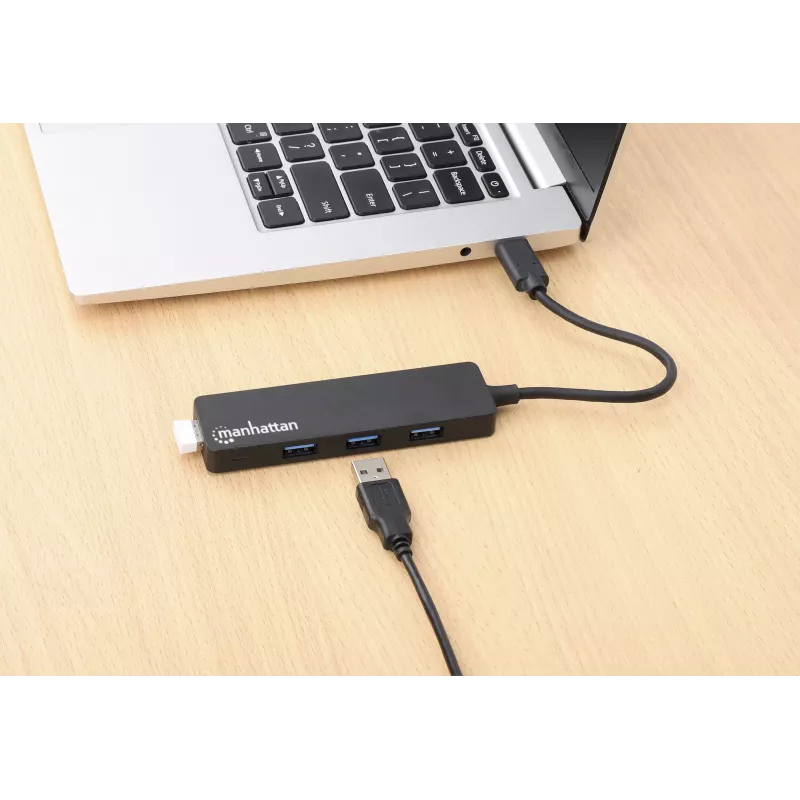 Manhattan USB-C dokas / šakotuvas, prievadai (4): USB-A (x4), 5 Gbps (USB 3.2 Gen 1, ankst. USB 3.0), maitinamas per USB (nereikalingas išorinis maitinimo šaltinis), atitinka HB30CM4AB