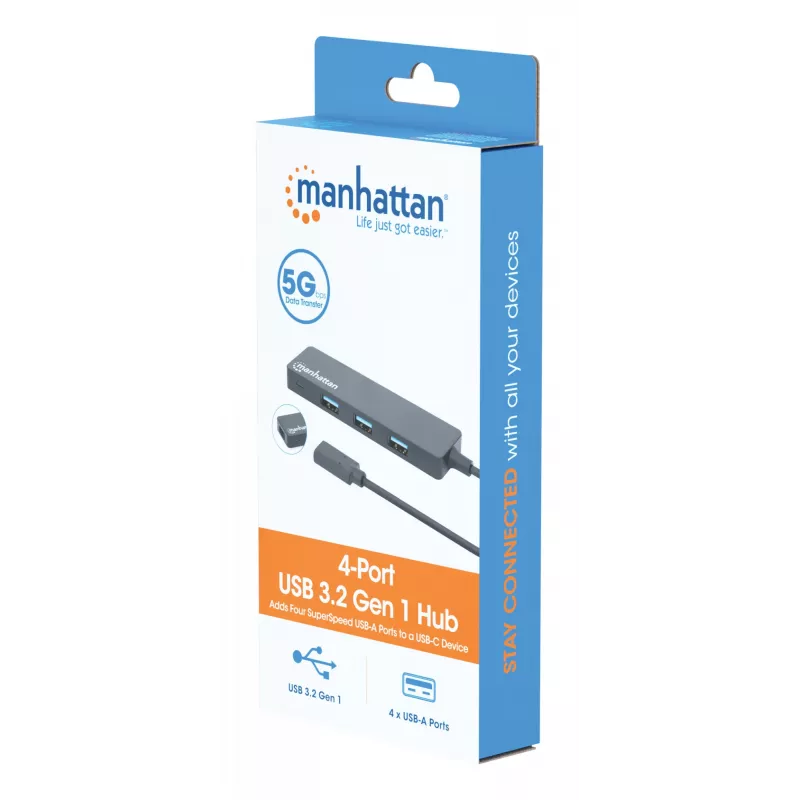 Manhattan USB-C dokas / šakotuvas, prievadai (4): USB-A (x4), 5 Gbps (USB 3.2 Gen 1, ankst. USB 3.0), maitinamas per USB (nereikalingas išorinis maitinimo šaltinis), atitinka HB30CM4AB
