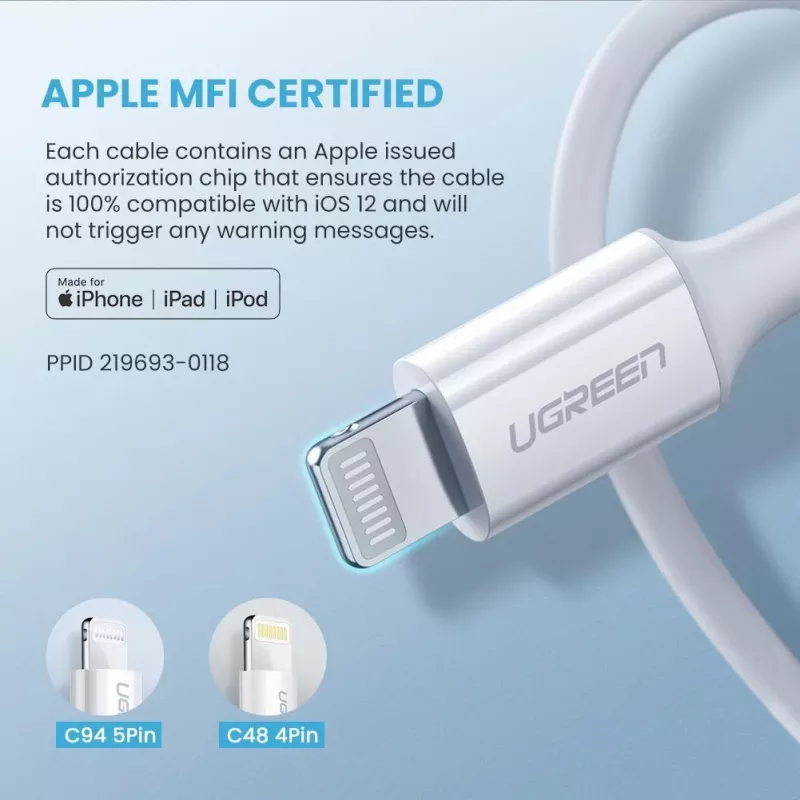 Ugreen 10493 žaibo laidas 1 m Baltas