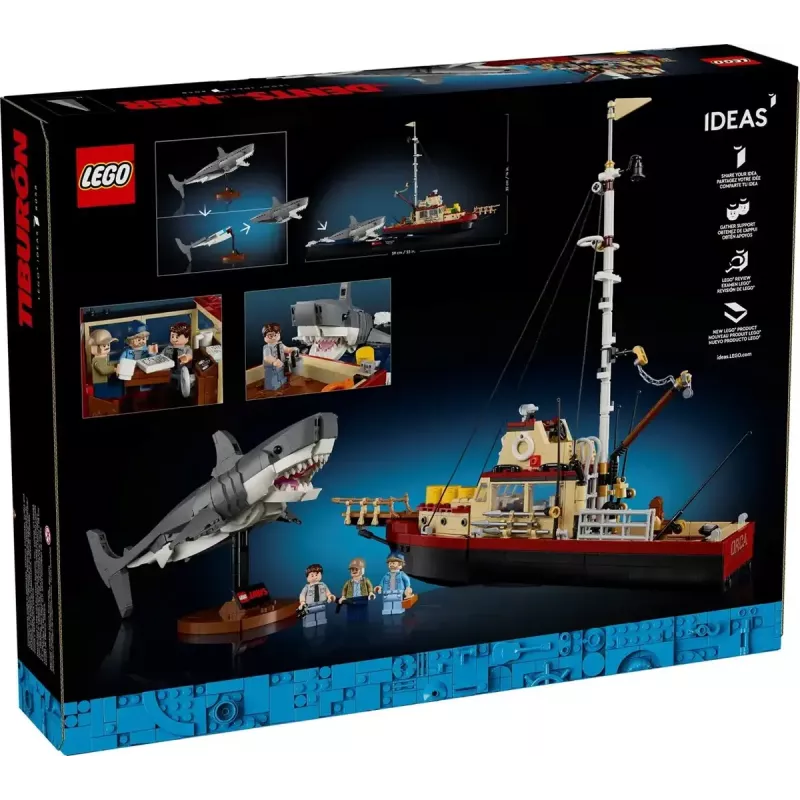 Konstruktorius LEGO Ideas 21350 Jaws rinkinys — 1497 dalys, 3 minifigūrėlės, valtis ir legendinis ryklys, rekomenduojamas amžius 18+