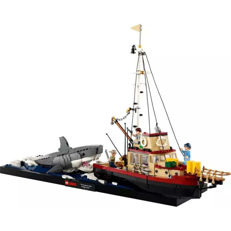 Konstruktorius LEGO Ideas 21350 Jaws rinkinys — 1497 dalys, 3 minifigūrėlės, valtis ir legendinis ryklys, rekomenduojamas amžius 18+