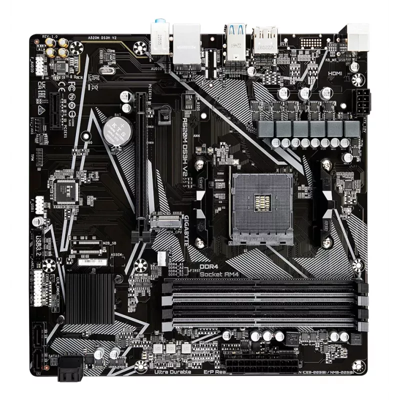 GIGABYTE A520M DS3H V2 pagrindinė plokštė – palaiko AMD Ryzen 5000 serijos AM4 procesorius, iki 4733 MHz DDR4 (OC), PCIe 3.0 x16, GbE LAN, USB 3.2 Gen 1