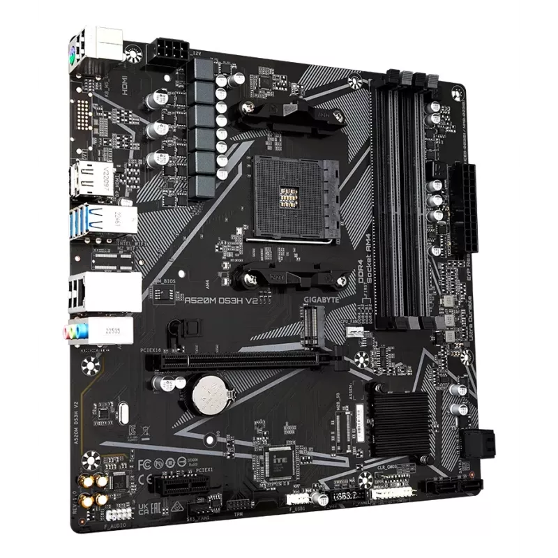 GIGABYTE A520M DS3H V2 pagrindinė plokštė – palaiko AMD Ryzen 5000 serijos AM4 procesorius, iki 4733 MHz DDR4 (OC), PCIe 3.0 x16, GbE LAN, USB 3.2 Gen 1