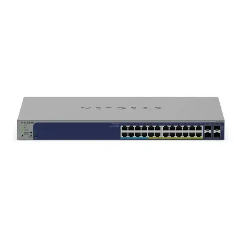 Valdomas Gigabit PoE jungiklis Netgear GS728TXUP — 24 × 10/100/1000 RJ-45, 128 Gbps, 1U, montuojamas stelaže