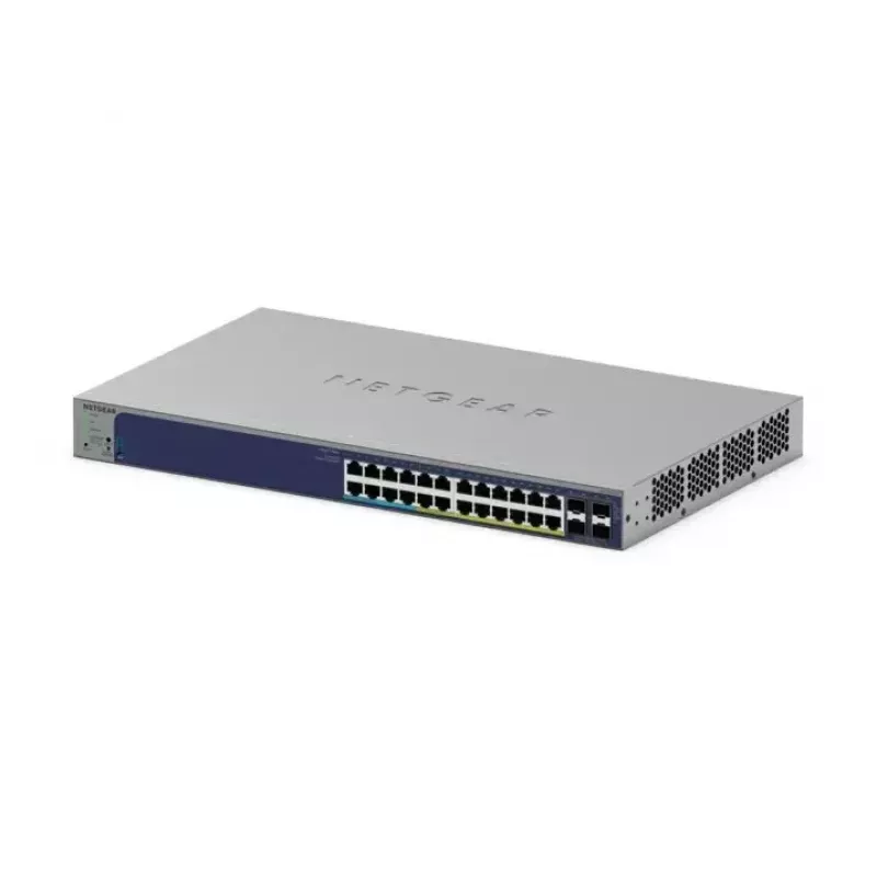 Valdomas Gigabit PoE jungiklis Netgear GS728TXUP — 24 × 10/100/1000 RJ-45, 128 Gbps, 1U, montuojamas stelaže