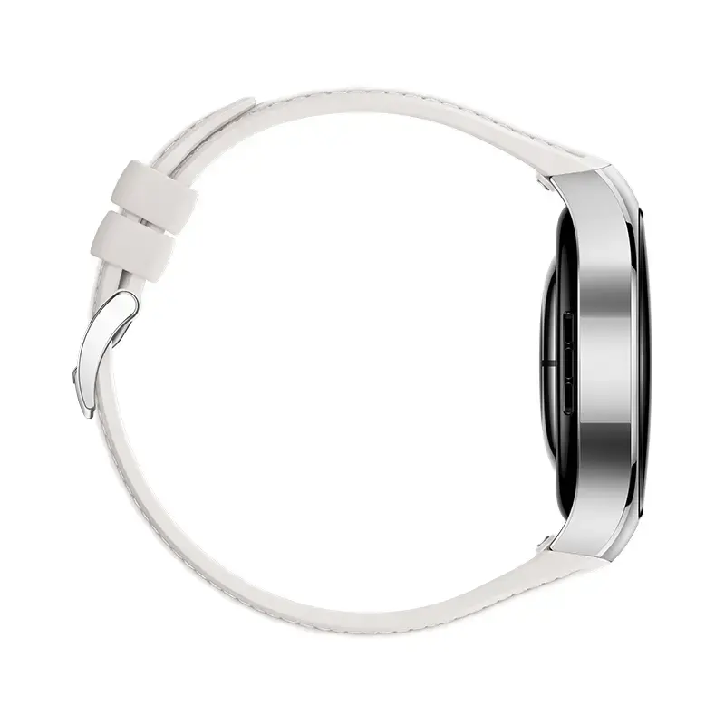 Išmanusis laikrodis HUAWEI WATCH 5 — apvalus 42 mm nerūdijančio plieno korpusas, 1,38 colio AMOLED, GPS, Bluetooth, 540 mAh baterija, smėlio spalvos korpusas su baltu dirželiu