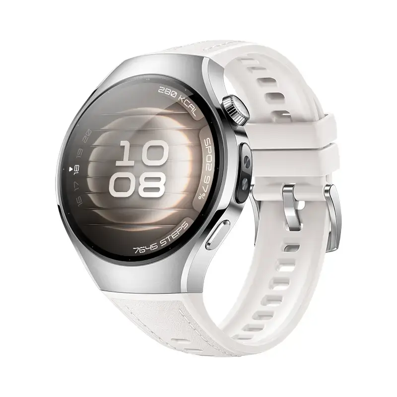Išmanusis laikrodis HUAWEI WATCH 5 — apvalus 42 mm nerūdijančio plieno korpusas, 1,38 colio AMOLED, GPS, Bluetooth, 540 mAh baterija, smėlio spalvos korpusas su baltu dirželiu