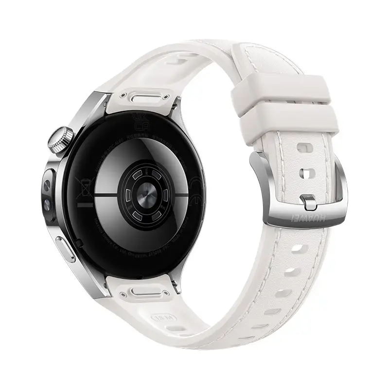 Išmanusis laikrodis HUAWEI WATCH 5 — apvalus 42 mm nerūdijančio plieno korpusas, 1,38 colio AMOLED, GPS, Bluetooth, 540 mAh baterija, smėlio spalvos korpusas su baltu dirželiu