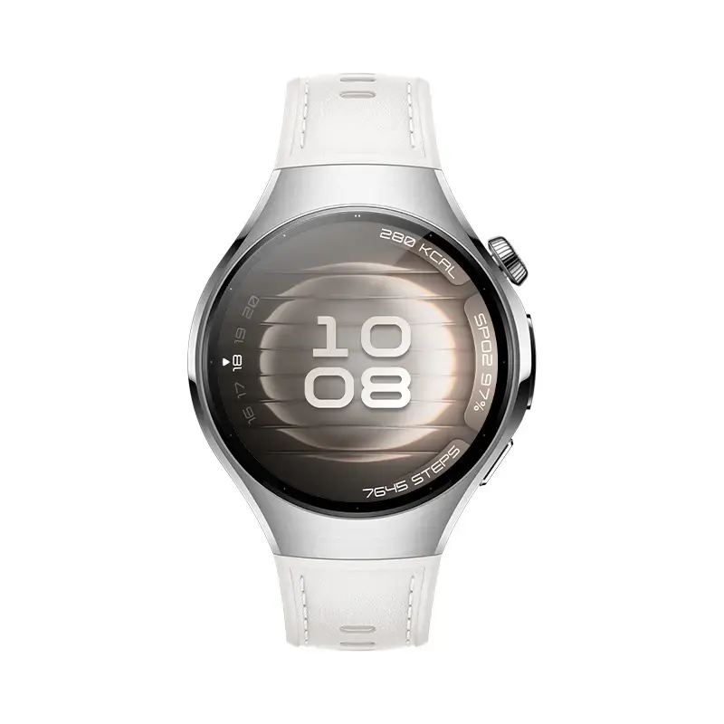 Išmanusis laikrodis HUAWEI WATCH 5 — apvalus 42 mm nerūdijančio plieno korpusas, 1,38 colio AMOLED, GPS, Bluetooth, 540 mAh baterija, smėlio spalvos korpusas su baltu dirželiu