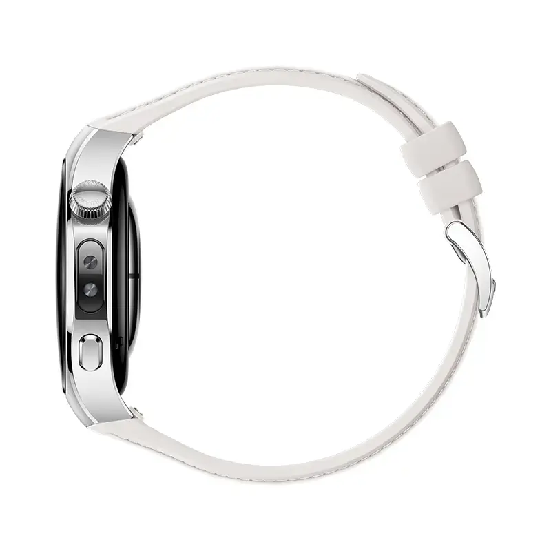 Išmanusis laikrodis HUAWEI WATCH 5 — apvalus 42 mm nerūdijančio plieno korpusas, 1,38 colio AMOLED, GPS, Bluetooth, 540 mAh baterija, smėlio spalvos korpusas su baltu dirželiu