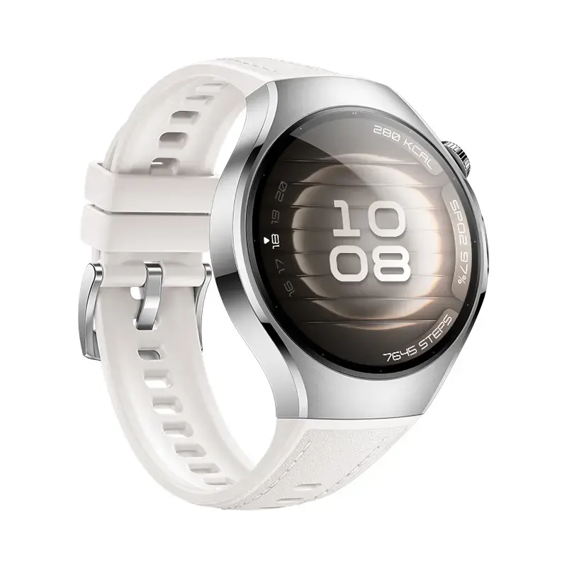 Išmanusis laikrodis HUAWEI WATCH 5 — apvalus 42 mm nerūdijančio plieno korpusas, 1,38 colio AMOLED, GPS, Bluetooth, 540 mAh baterija, smėlio spalvos korpusas su baltu dirželiu