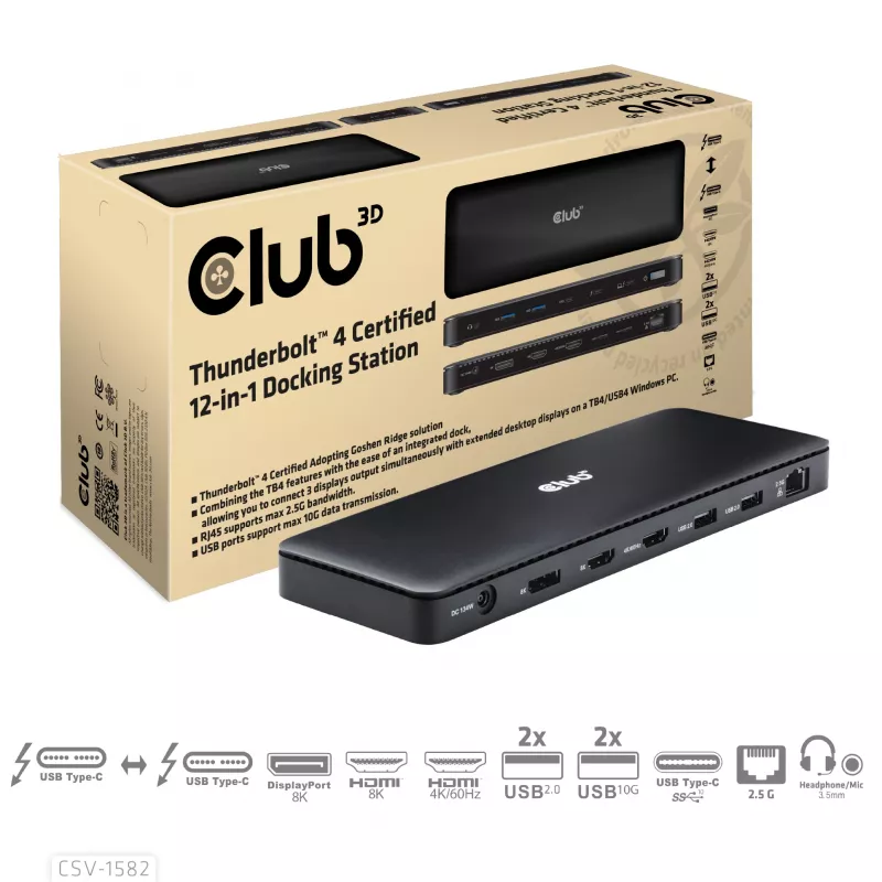 CLUB3D Thunderbolt™ 4 sertifikuota 12-in-1 prijungimo stotelė