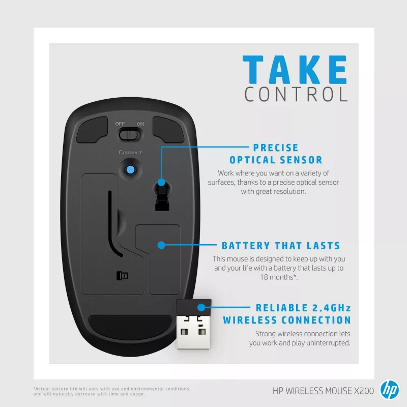 HP Wireless Mouse X200, ambidekstrinė, optinė, RF belaidė, 1600 DPI, juoda