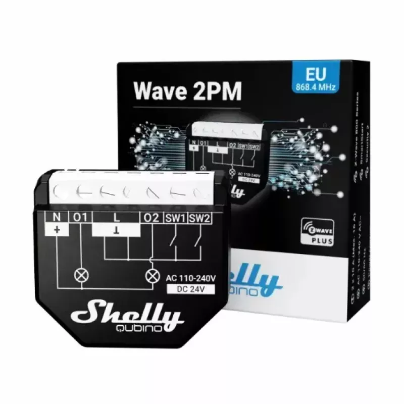Išmanusis jungiklis Shelly WAVE 2PM Juoda (Shelly) — belaidis Z-Wave, 16 A, 110–240 V, 868,4 MHz