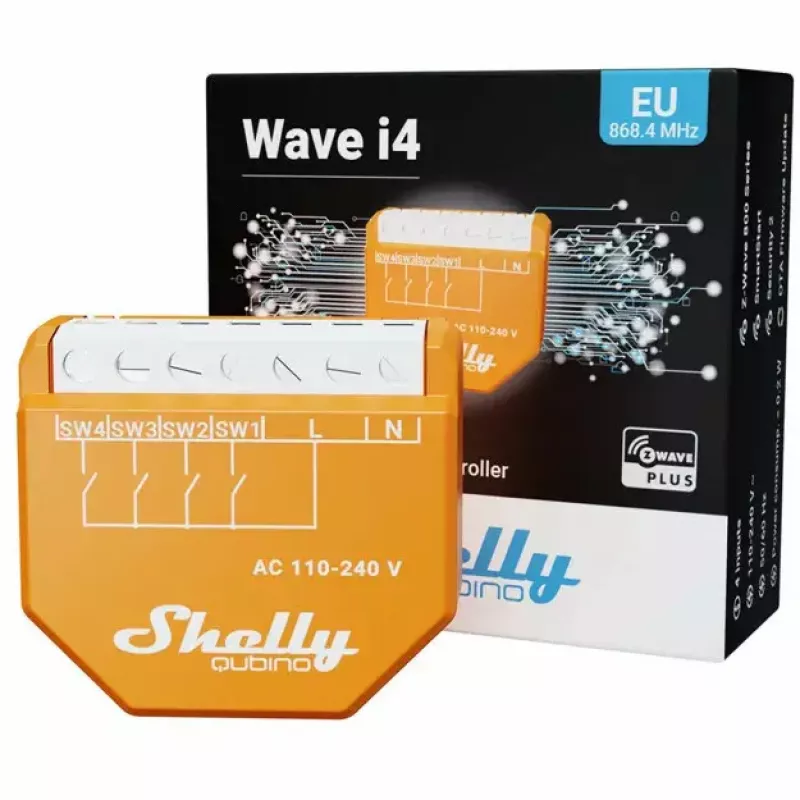 Išmanusis jungiklis „Shelly Qubino Wave i4“ – belaidis scenų valdiklis 110–240 V, 16 A, 50/60 Hz, oranžinis