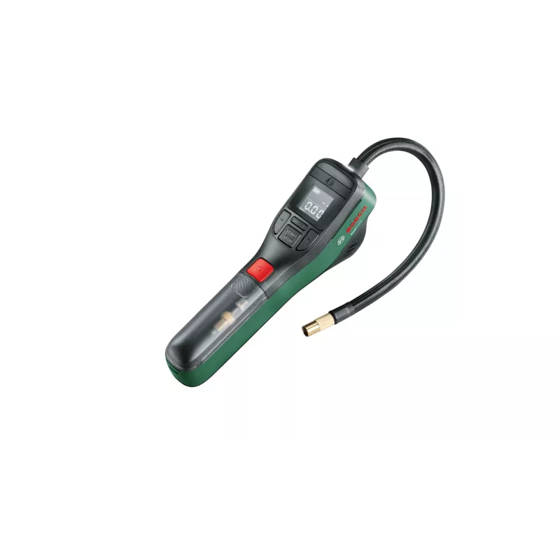 Elektrinis oro siurblys Bosch 0.603.947.000 — nešiojamas, įkraunamas, 10 bar (150–150 psi), 3000 mAh, USB‑C, 10 l/min, su žarna ir priedais