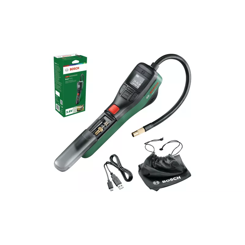 Elektrinis oro siurblys Bosch 0.603.947.000 — nešiojamas, įkraunamas, 10 bar (150–150 psi), 3000 mAh, USB‑C, 10 l/min, su žarna ir priedais