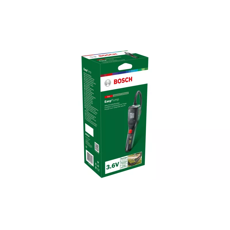 Elektrinis oro siurblys Bosch 0.603.947.000 — nešiojamas, įkraunamas, 10 bar (150–150 psi), 3000 mAh, USB‑C, 10 l/min, su žarna ir priedais
