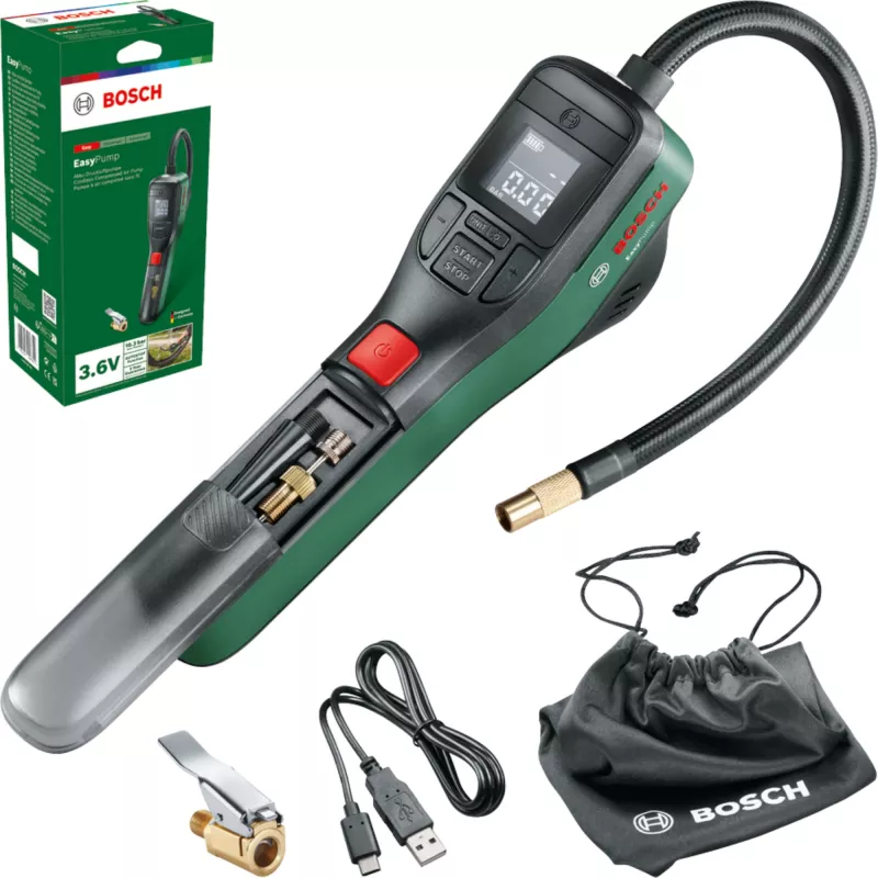 Elektrinis oro siurblys Bosch 0.603.947.000 — nešiojamas, įkraunamas, 10 bar (150–150 psi), 3000 mAh, USB‑C, 10 l/min, su žarna ir priedais