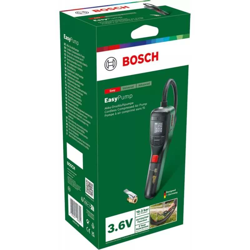 Elektrinis oro siurblys Bosch 0.603.947.000 — nešiojamas, įkraunamas, 10 bar (150–150 psi), 3000 mAh, USB‑C, 10 l/min, su žarna ir priedais