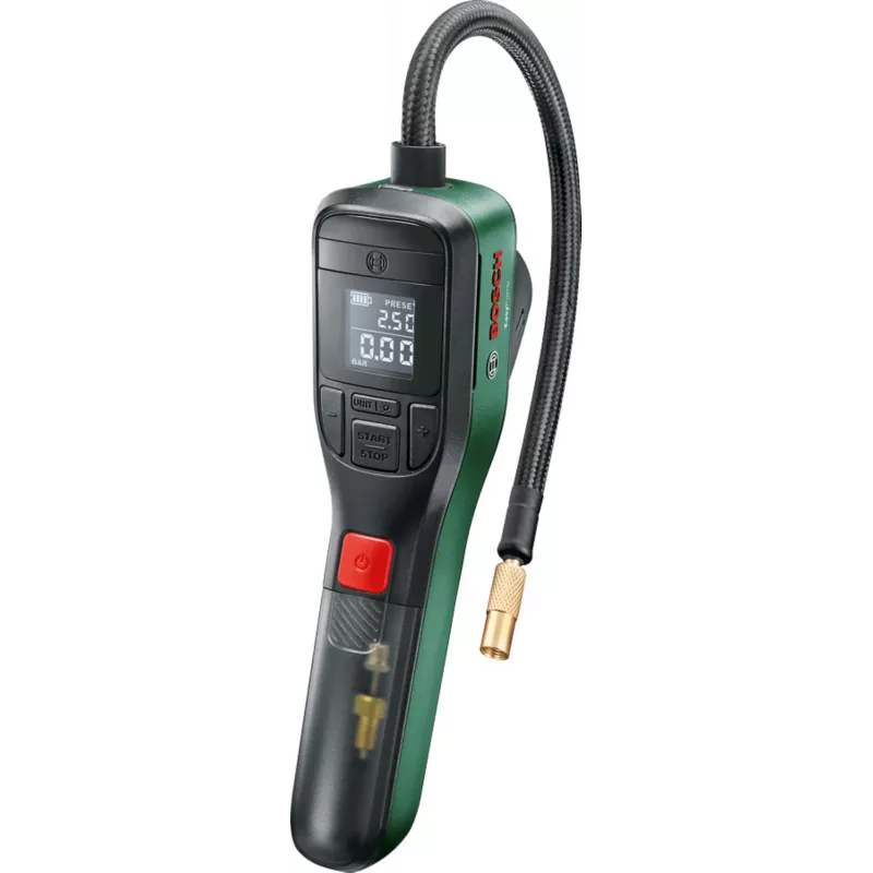 Elektrinis oro siurblys Bosch 0.603.947.000 — nešiojamas, įkraunamas, 10 bar (150–150 psi), 3000 mAh, USB‑C, 10 l/min, su žarna ir priedais