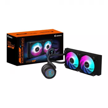 GIGABYTE AORUS WATERFORCE II 240 AIO skysčiu aušinamas procesoriaus aušintuvas – 2x120 mm ARGB ventiliatoriai, įstumiamas fiksavimo mechanizmas, DAISY-CHAIN, suderinamas su Intel LGA 1851 ir AMD AM5