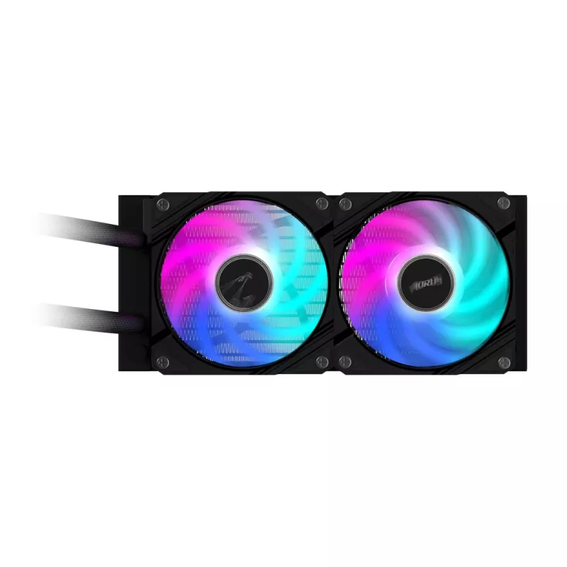GIGABYTE AORUS WATERFORCE II 240 AIO skysčiu aušinamas procesoriaus aušintuvas – 2x120 mm ARGB ventiliatoriai, įstumiamas fiksavimo mechanizmas, DAISY-CHAIN, suderinamas su Intel LGA 1851 ir AMD AM5