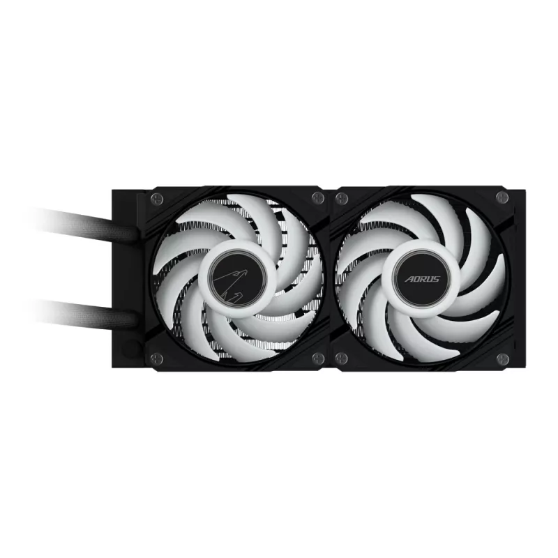 GIGABYTE AORUS WATERFORCE II 240 AIO skysčiu aušinamas procesoriaus aušintuvas – 2x120 mm ARGB ventiliatoriai, įstumiamas fiksavimo mechanizmas, DAISY-CHAIN, suderinamas su Intel LGA 1851 ir AMD AM5