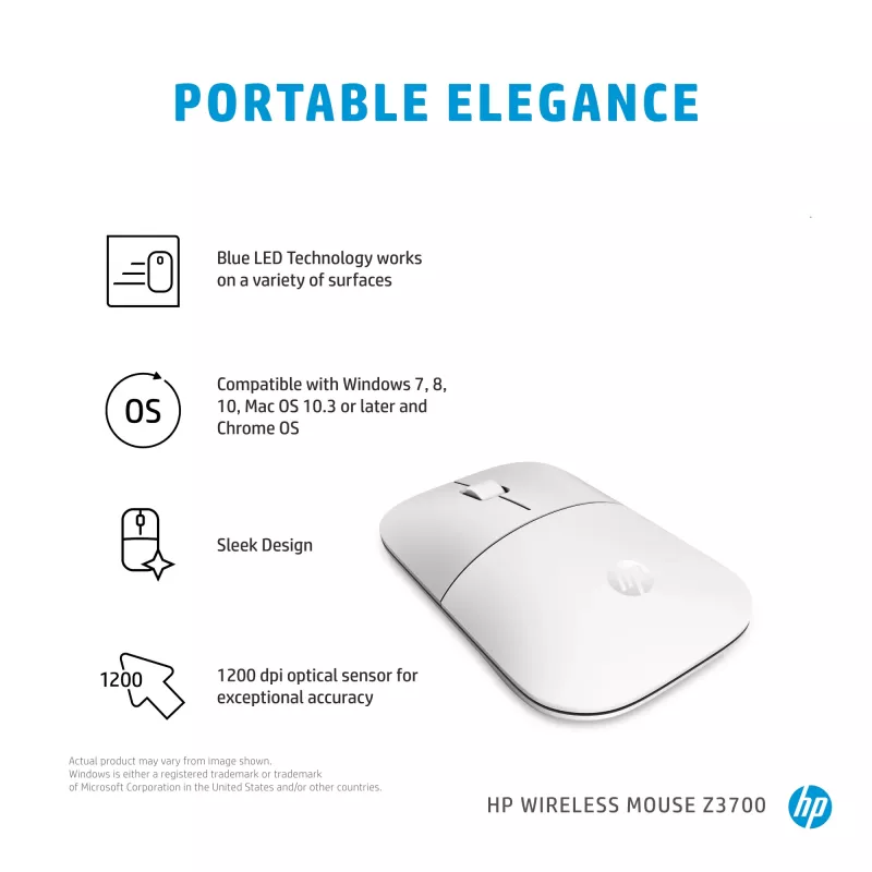 HP Z3700 belaidė pelė, keraminė balta, ambidekstrinė, optinė, RF belaidė, 1200 DPI, sidabrinė, balta