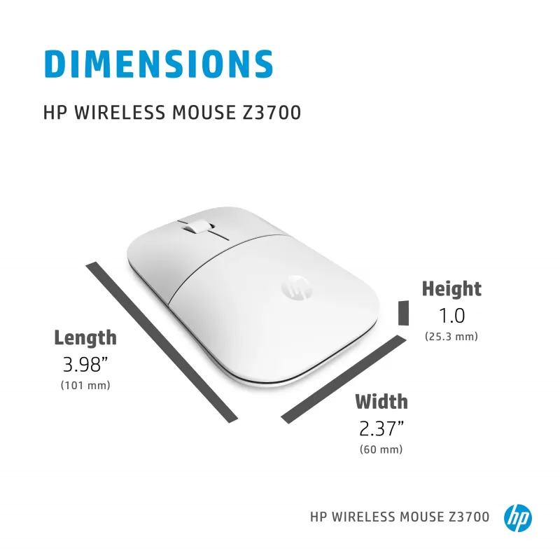 HP Z3700 belaidė pelė, keraminė balta, ambidekstrinė, optinė, RF belaidė, 1200 DPI, sidabrinė, balta