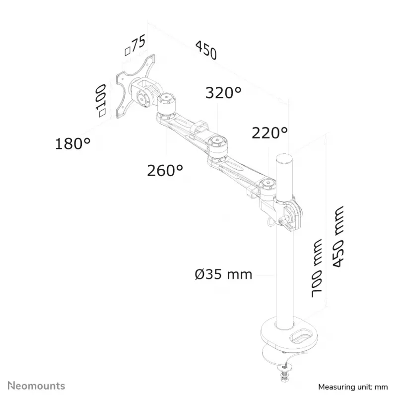 Neomounts FPMA-D935G Monitor arm 10-30 inch, Grommet, 10 kg, 25.4 cm (10 inch), 76.2 cm (30 inch), 100 x 100 mm, Silver
