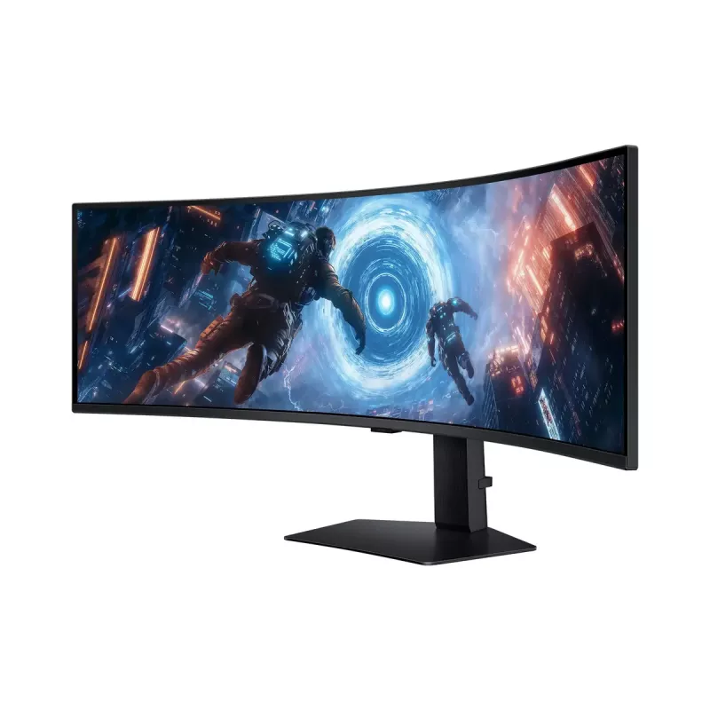 49 colių Samsung G91F Dual QHD LCD monitorius 5120×1440 32:9 VA lenktas 1 ms 144 Hz USB 3.2 Gen1 VESA aukštis reguliuojamas