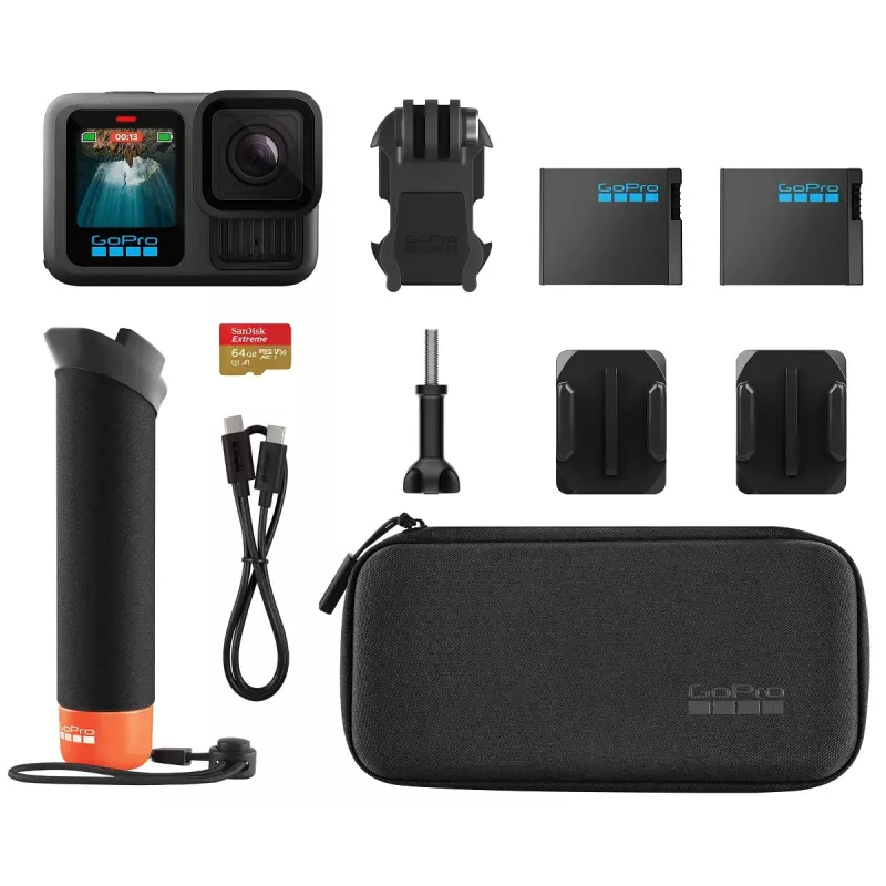 Veiksmo kamera GoPro HERO13 Black rinkinys — 5.3K itin didelė raiška, 27,6 MP CMOS, 240 kadrų/s, 2,27 colio LCD, 2x skaitmeninis priartinimas, stereo WAV garsas